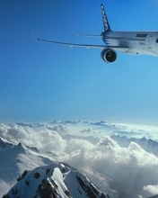 Image: Airplane, flies, sky, clouds, landscape, mountains, sun