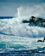 Картинка: Вода, море, океан, волны, брызги, капли, скалы, камни, небо, горизонт
