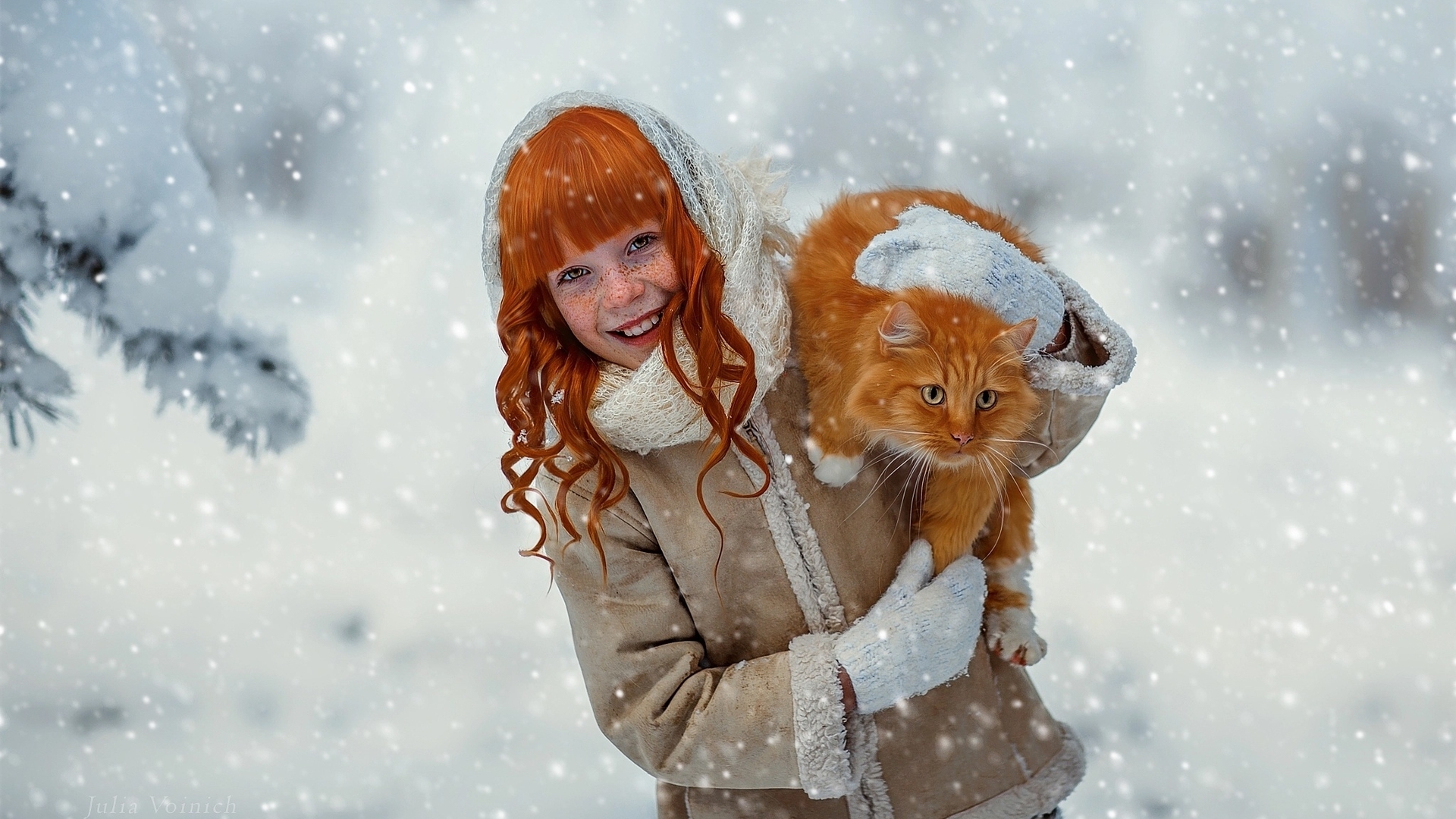 Картинка: Девочка, кот, рыжий, зима, снег, улыбка