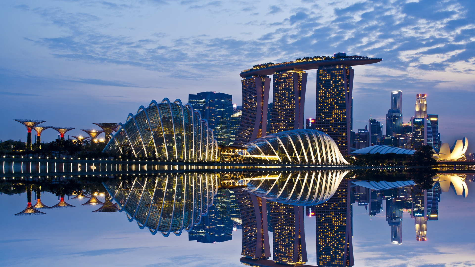 Image: Singapore, Marina Bay Sands, Hotel, building, architecture, landmark, water, reflection, sky, evening