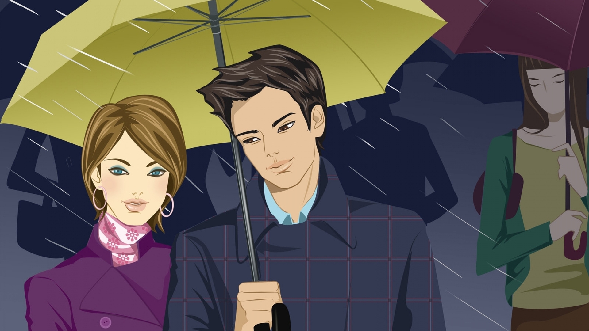 Картинка: Мужчина, девушка, дождь, зонтик, красивые, стиль, пара