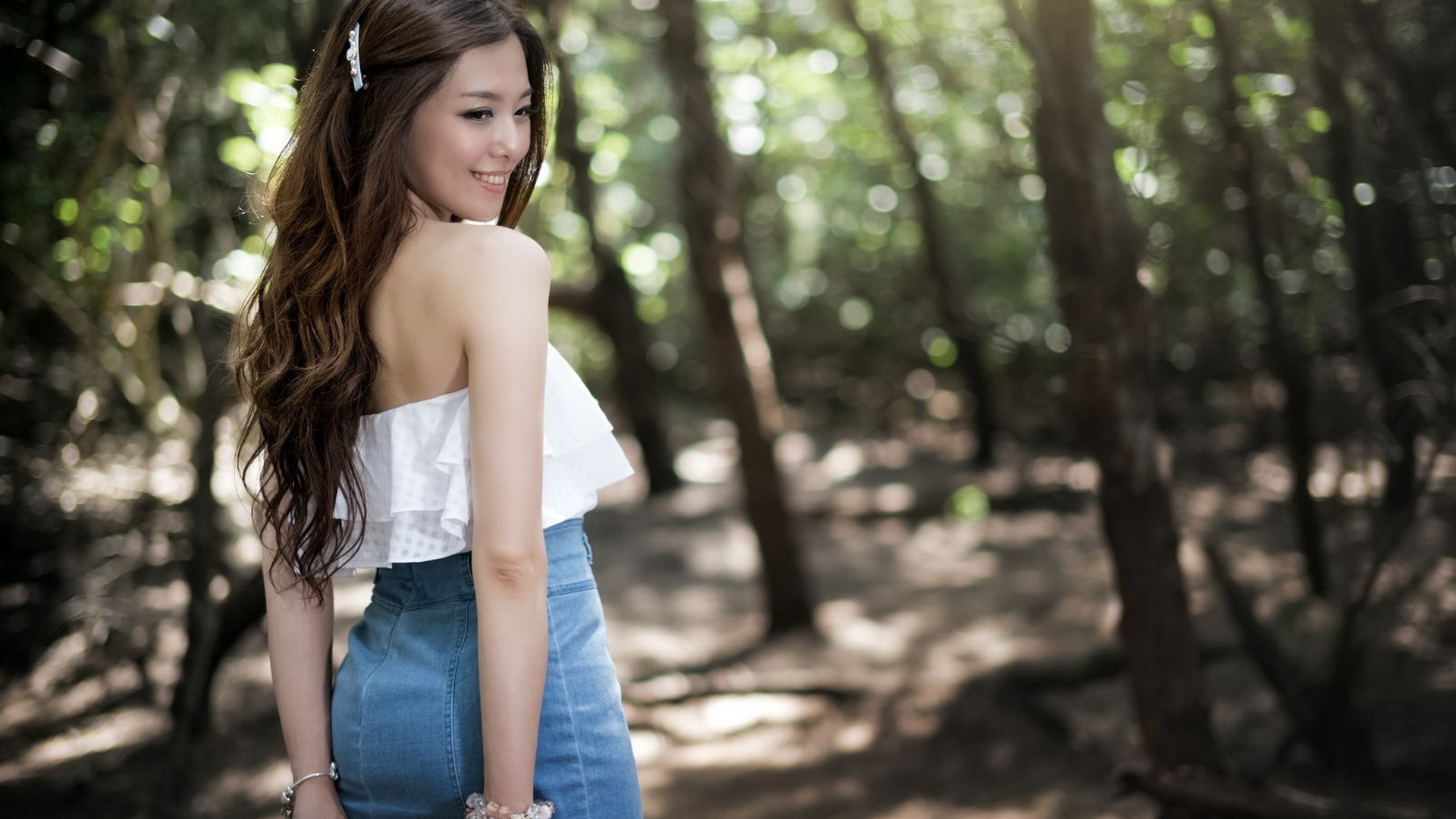 Image: Girl, Asian, hair, barrette, smiling, forest