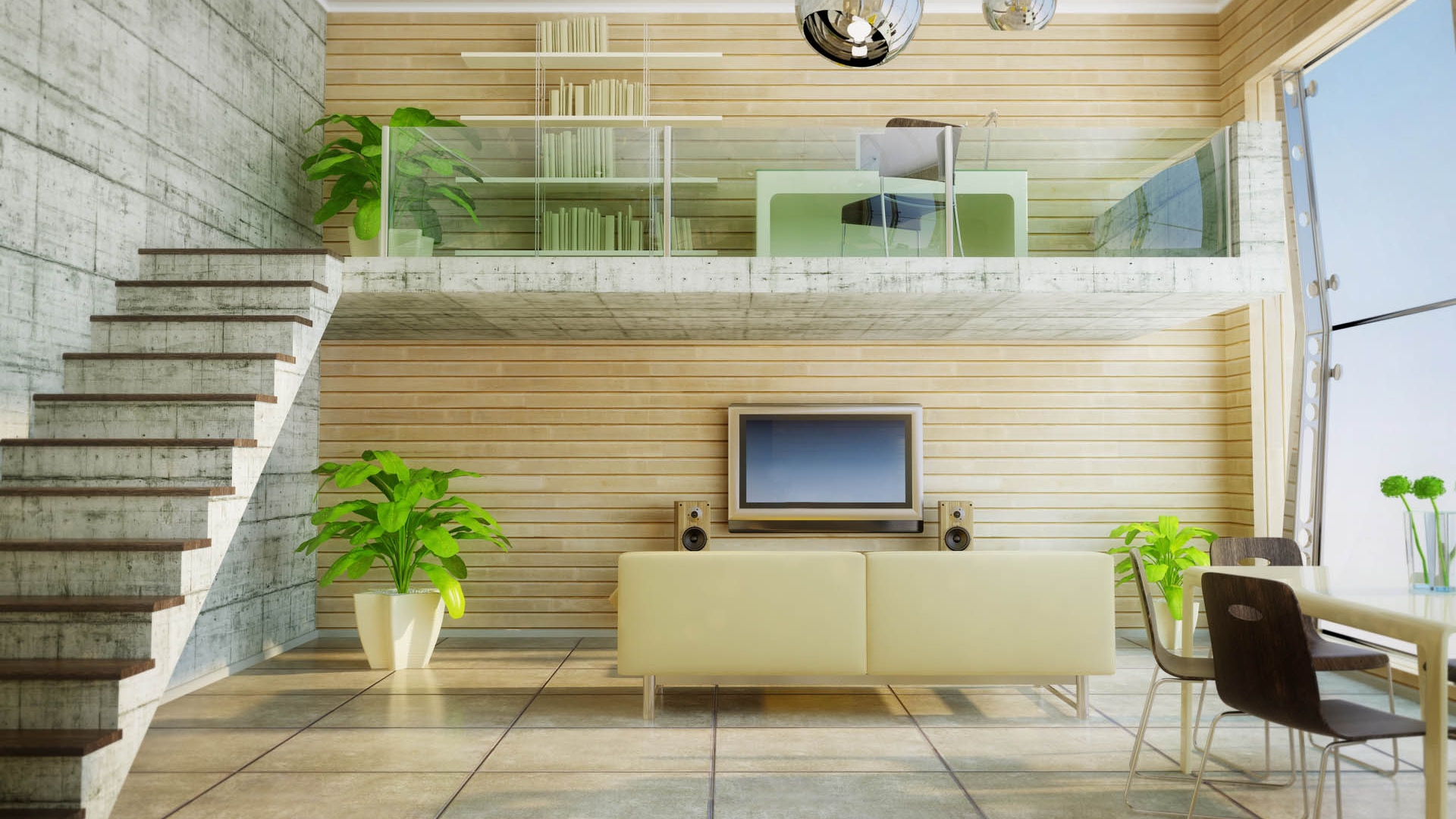 Image: Stairs, plants, sofa, chairs, shelves, TV, speakers, window