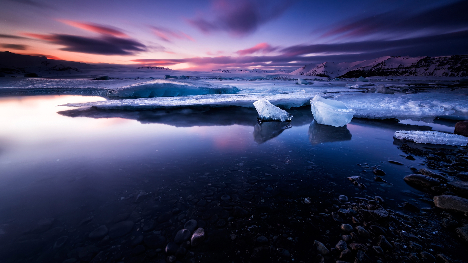 Image: Water, ice, shore, stone, mountains, sky