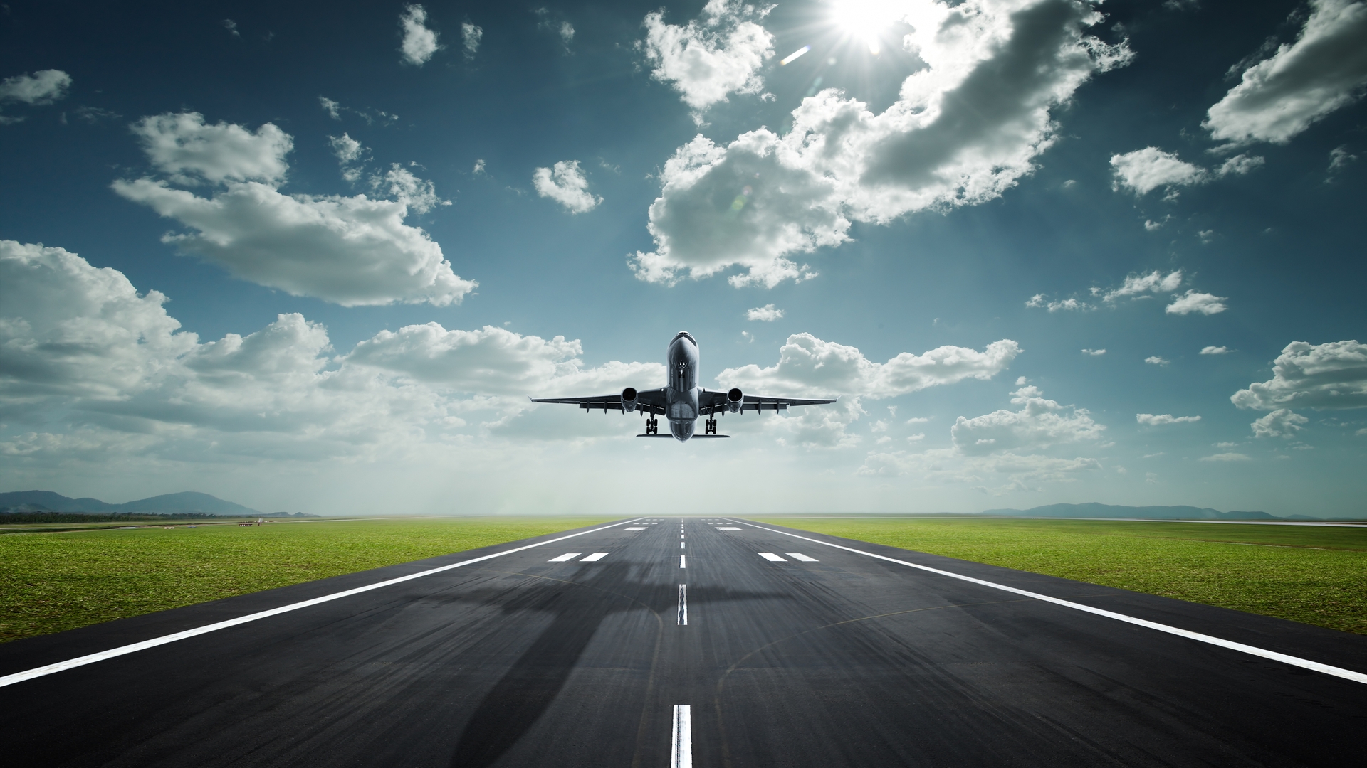Image: Plane, sky, clouds, height, flight, shadow, runway