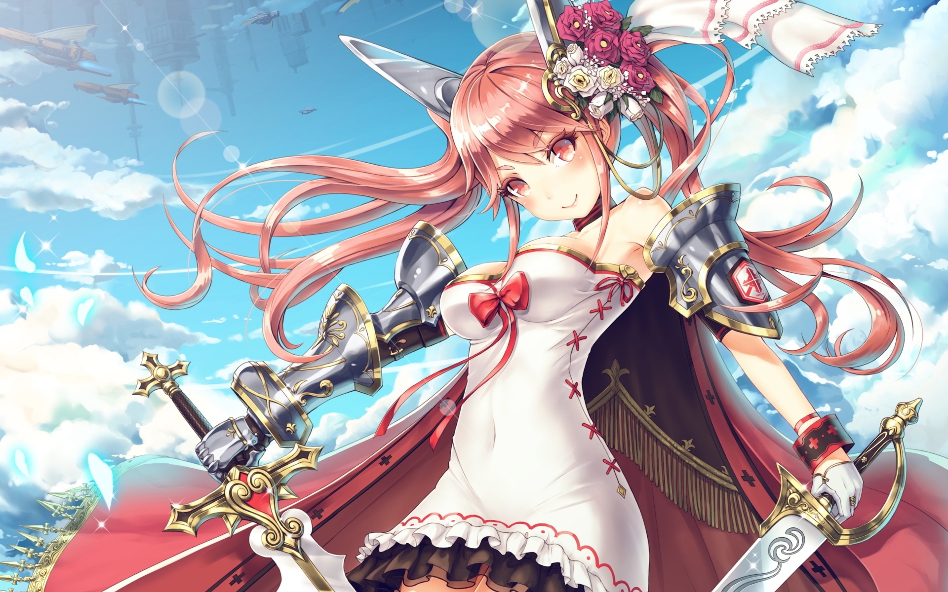 Image: Anime, girl, sword, weapon, long hair, flowers, ears