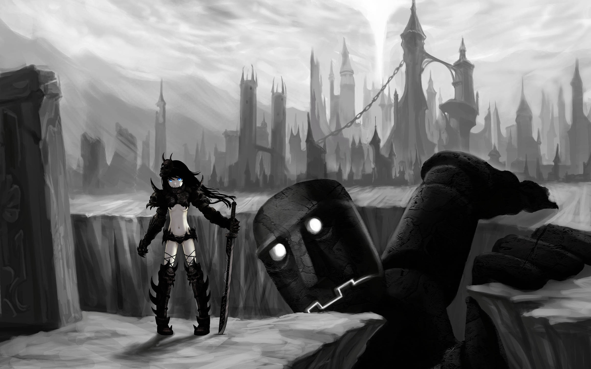 Картинка: Воин, мечница, меч, dark, робот, яма, город