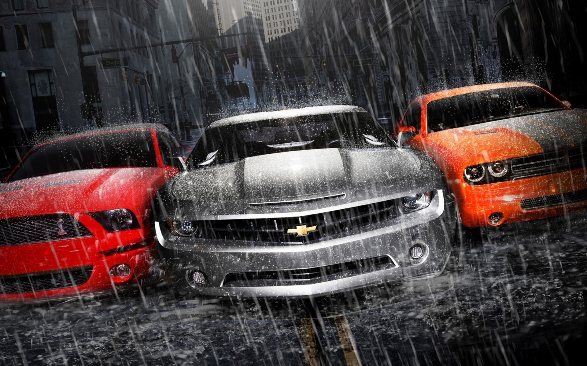 Картинка: Суперкары, chevrolet camaro, dodge сhallenger, ford mustang, дождь, ливень, дорога
