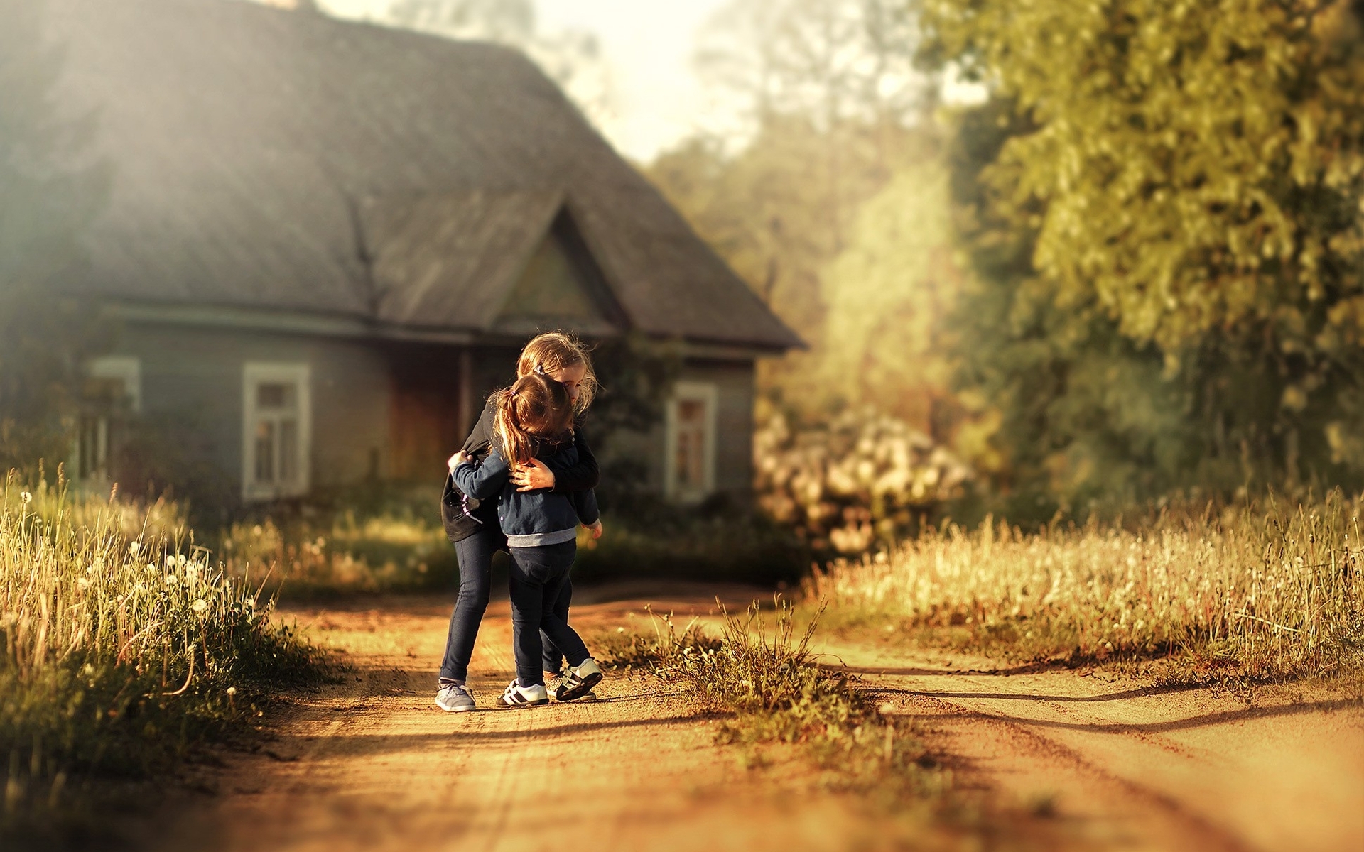 Image: Girls, embracing, sister, road, grass, house, sunny day, blur