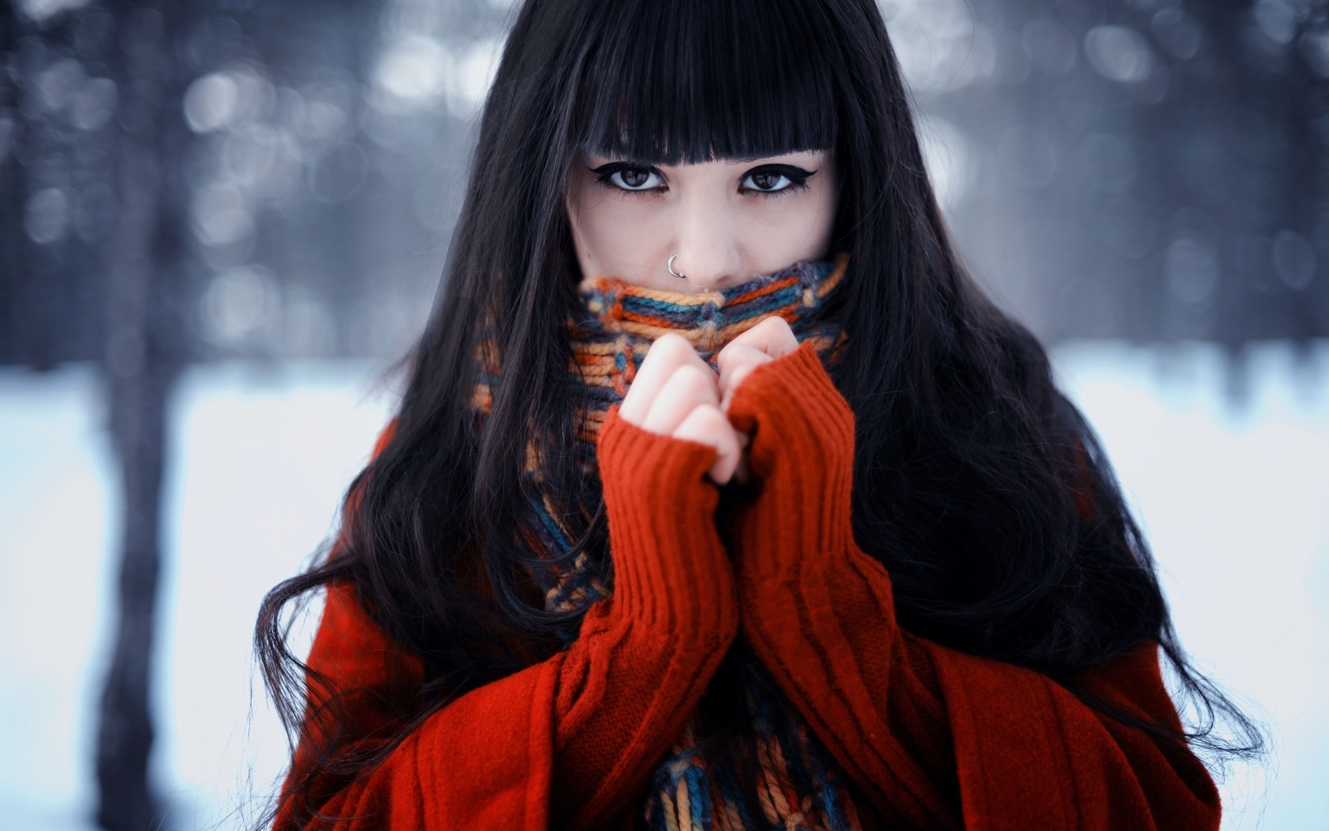 Image: Brunette, view, warm, hot, jacket, scarf, hair, piercings, winter