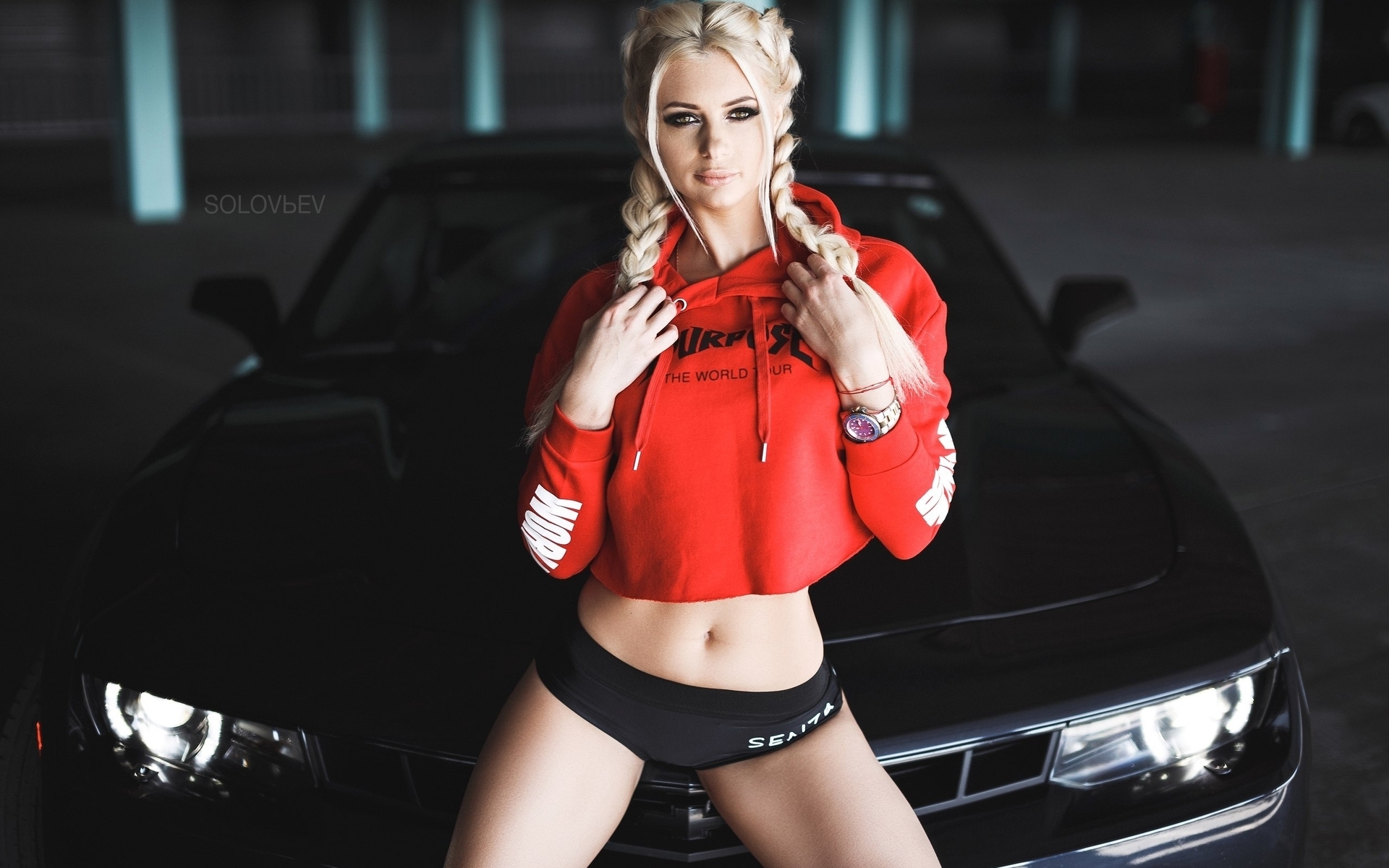 Image: Girl, blonde, person, pigtails, Solovьev, photographer, model, auto, black, Chevrolet, Camaro
