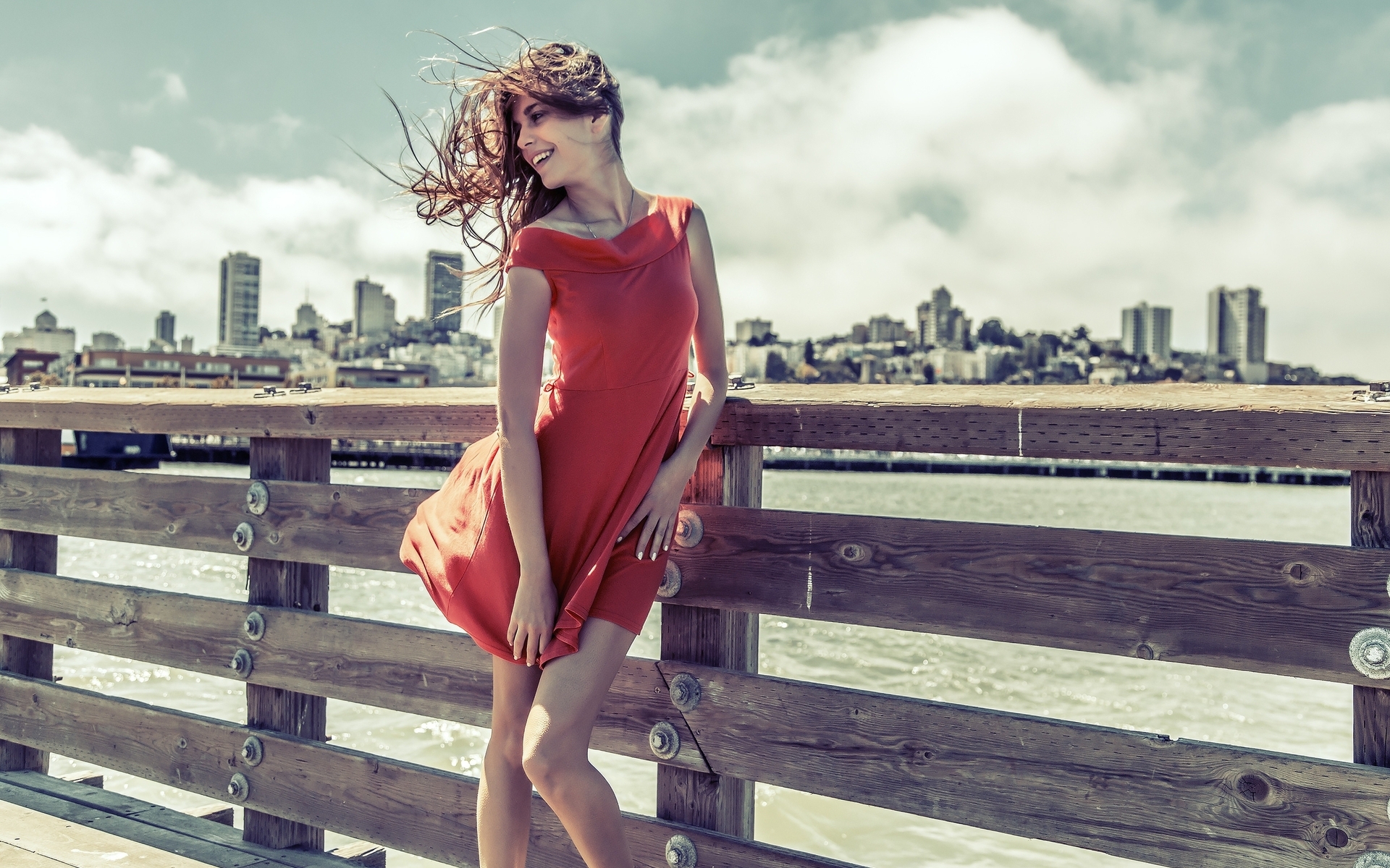 Image: Girl, dress, red, hair, wind, develops, embankment, fence, city, sky
