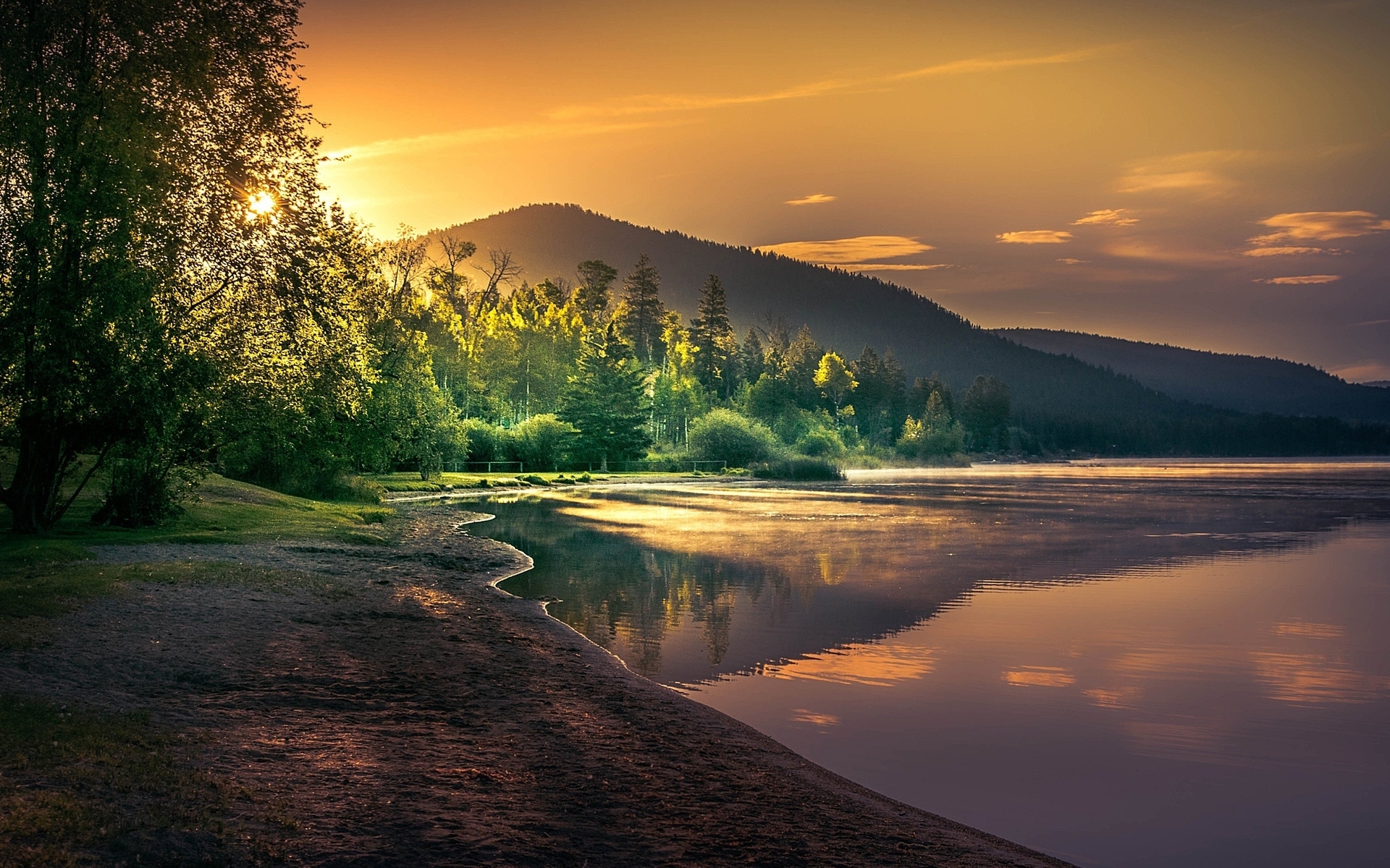 Image: Sunset, trees, water, lake, reflection, shore, mountains, sky