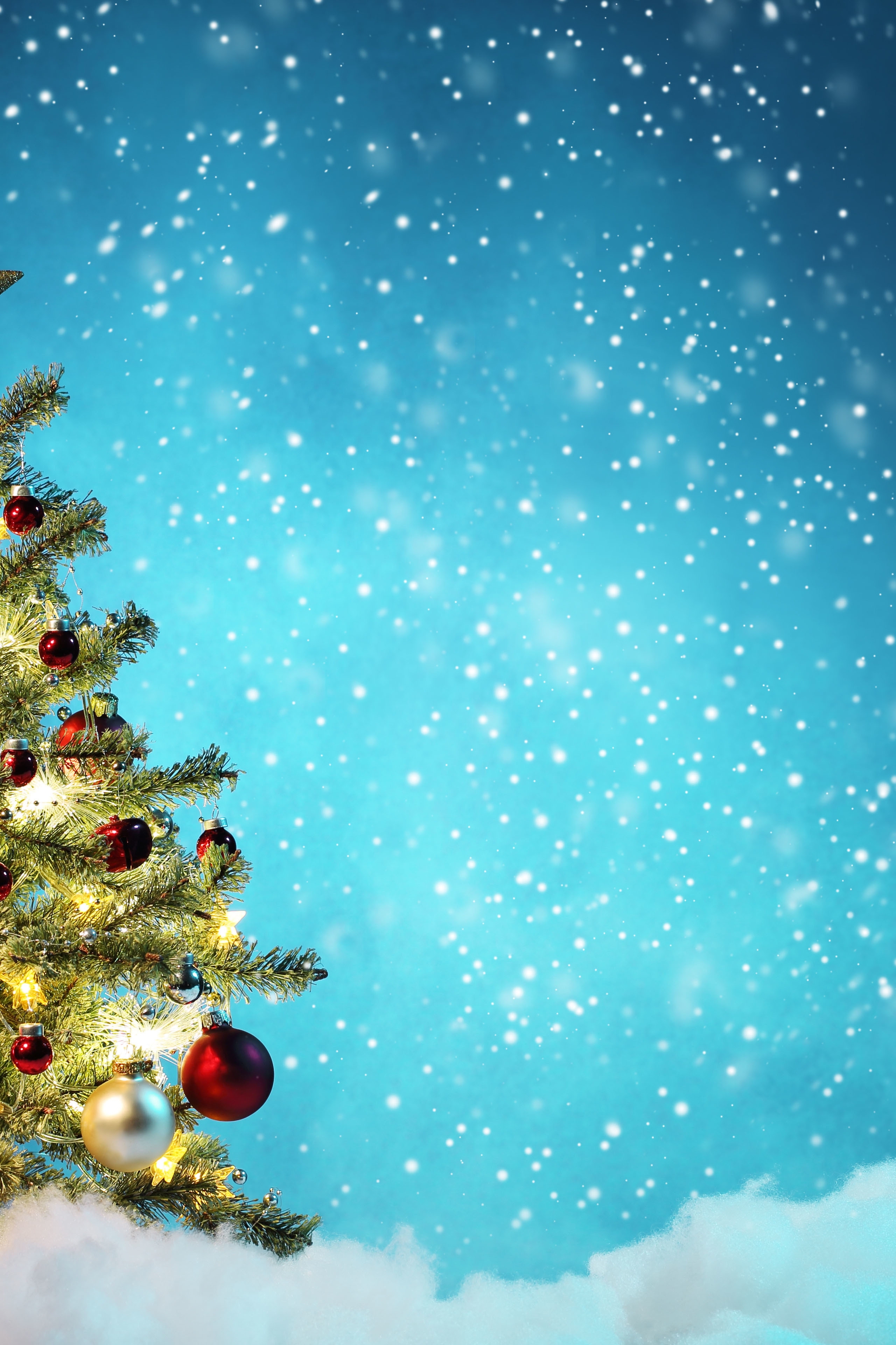 Image: Tree, holiday, new year, decorations, star, balls, toys, snow, falling, winter