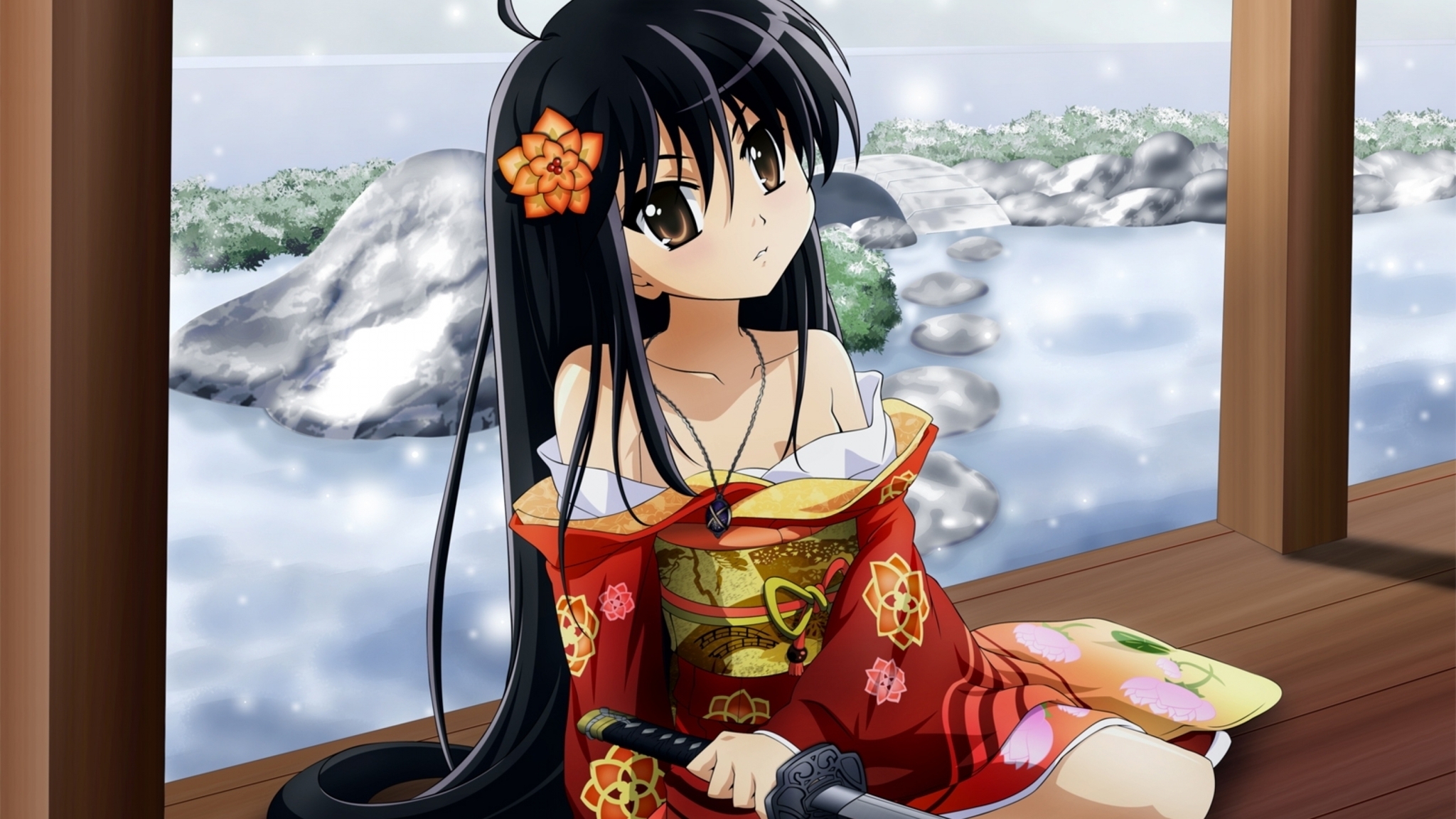 Картинка: Девушка, длинные волосы, брюнетка, глаза, цветок, кимоно, меч, сидит, горы