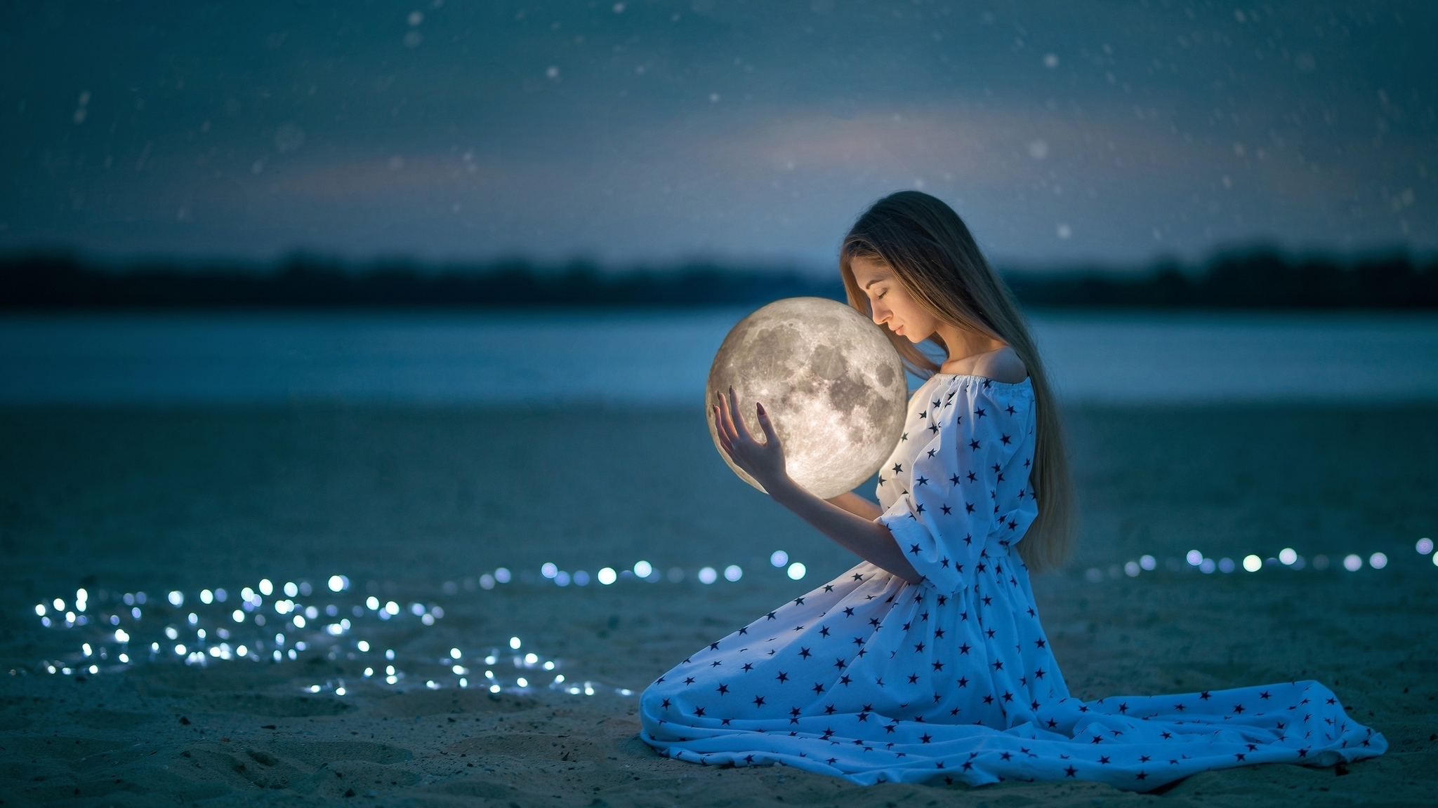 Image: Girl, dress, sitting, sand, globe, sphere, planet, moon, lights, keeps