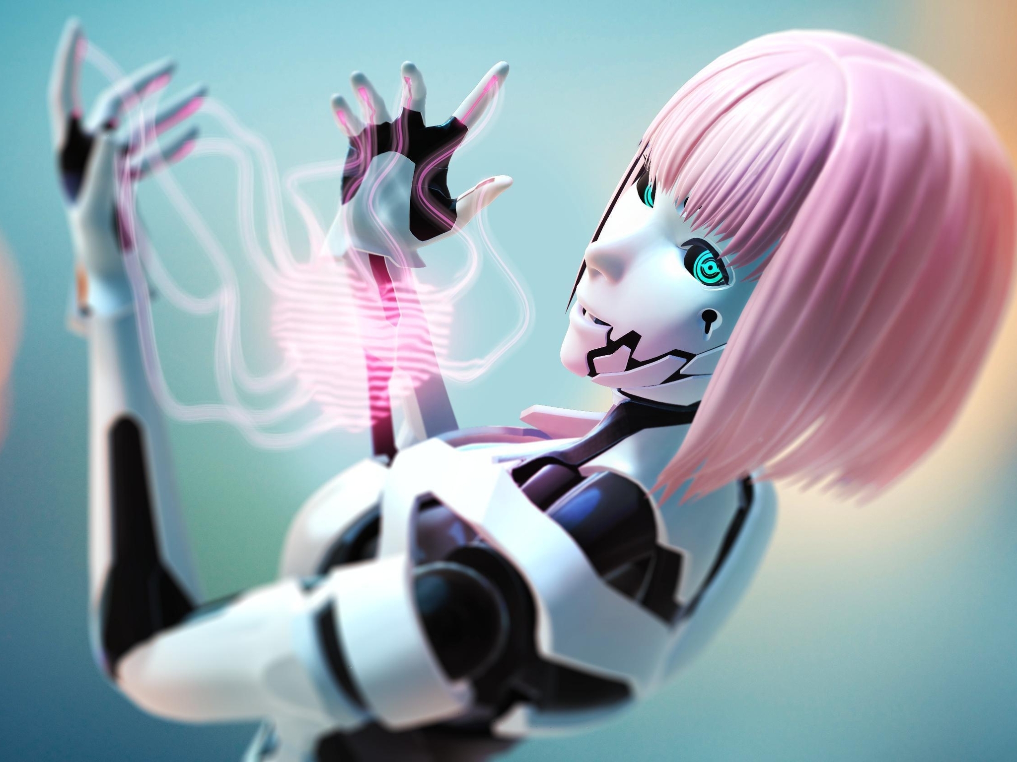 Картинка: Девушка, робот, 3D, розовые волосы
