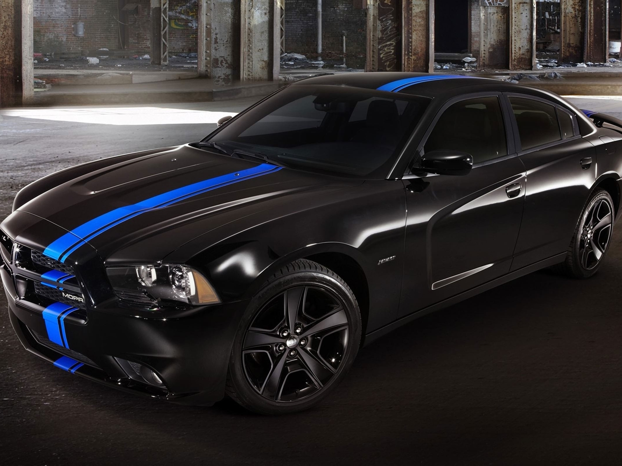 Image: Dodge, Charger, Mopar, black, sports car, blue stripe.