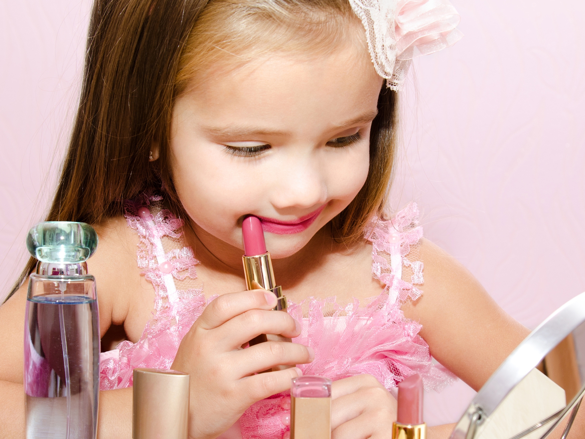 Image: Girl, child, hair, mirror, lipstick, cosmetics, makeup, perfume