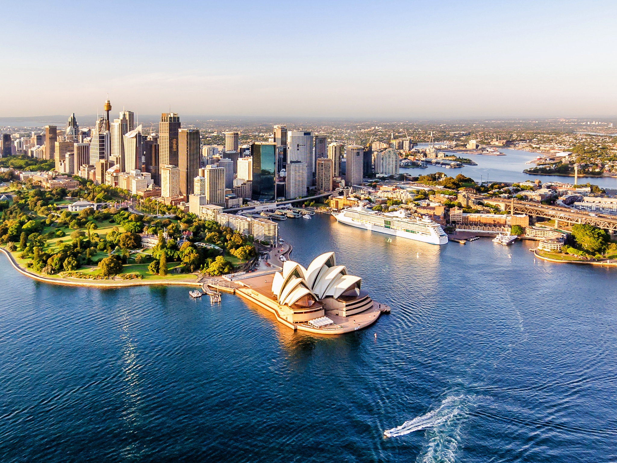 Image: City, Sydney, Australia, buildings, skyscrapers, theater, water, steam, promenade, panorama, horizon