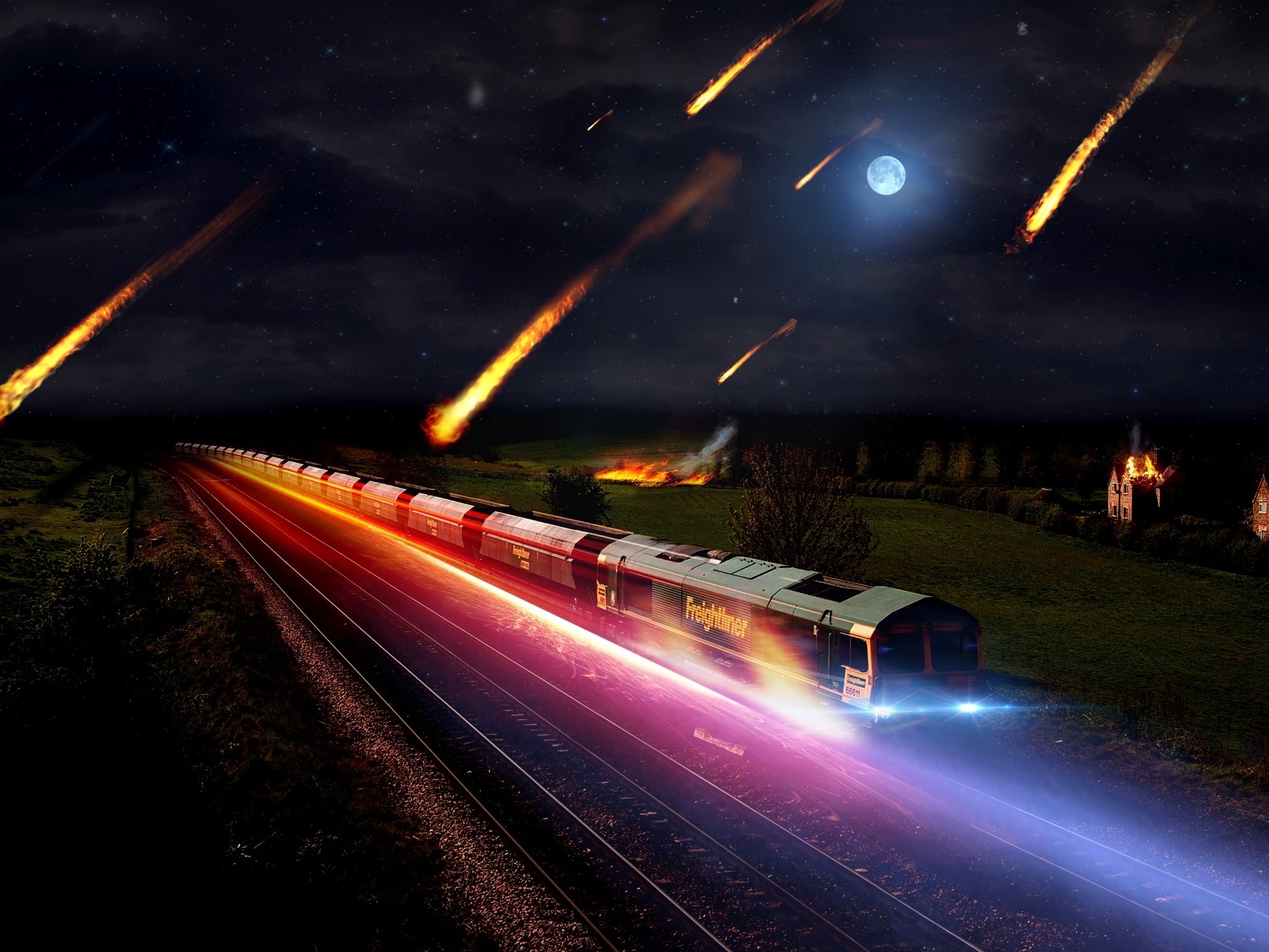 Image: The train, glow, light, lights, night, moon, meteorites, houses, railway