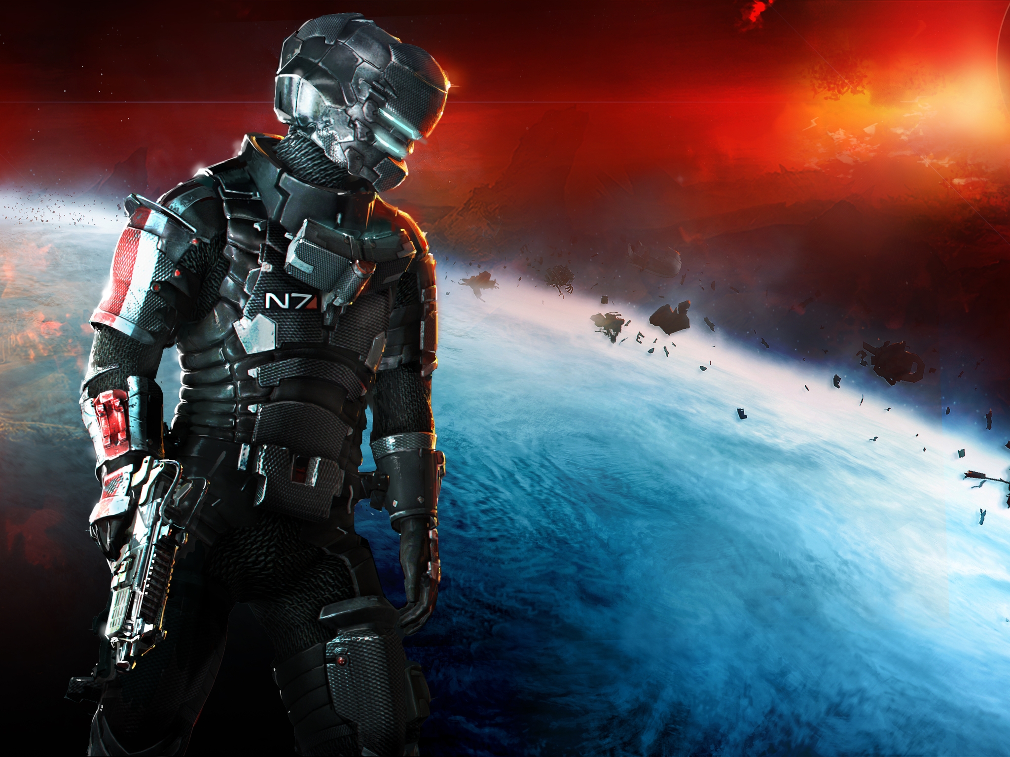 Картинка: Dead Space 2, инженер, Айзек Кларк, N7, костюм, оружие, скафандр, космос, планета, мусор