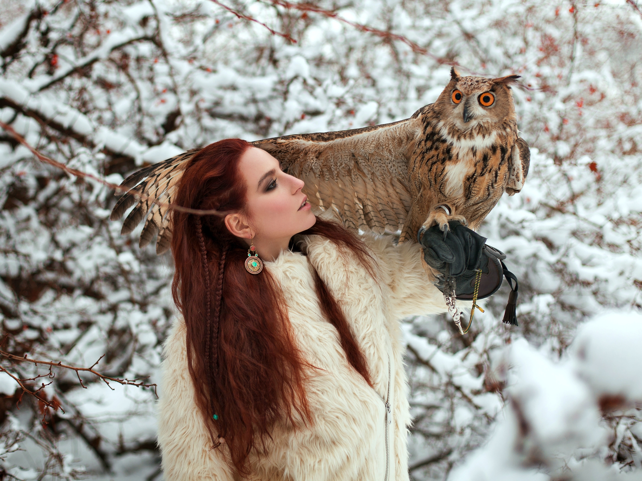 Картинка: Девушка, рыжеволосая, перчатка, птица, ушастая сова, филин, крыло, ветки, зима