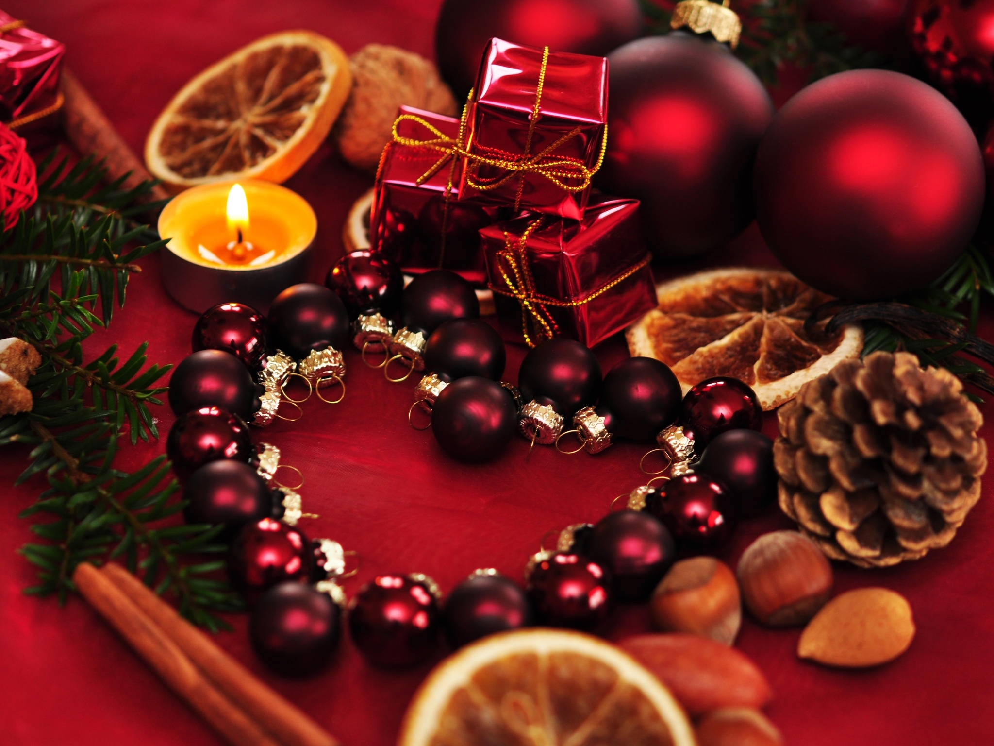 Image: Decor, Christmas balloons, heart, candles, nuts, cinnamon, bump, new year, red background