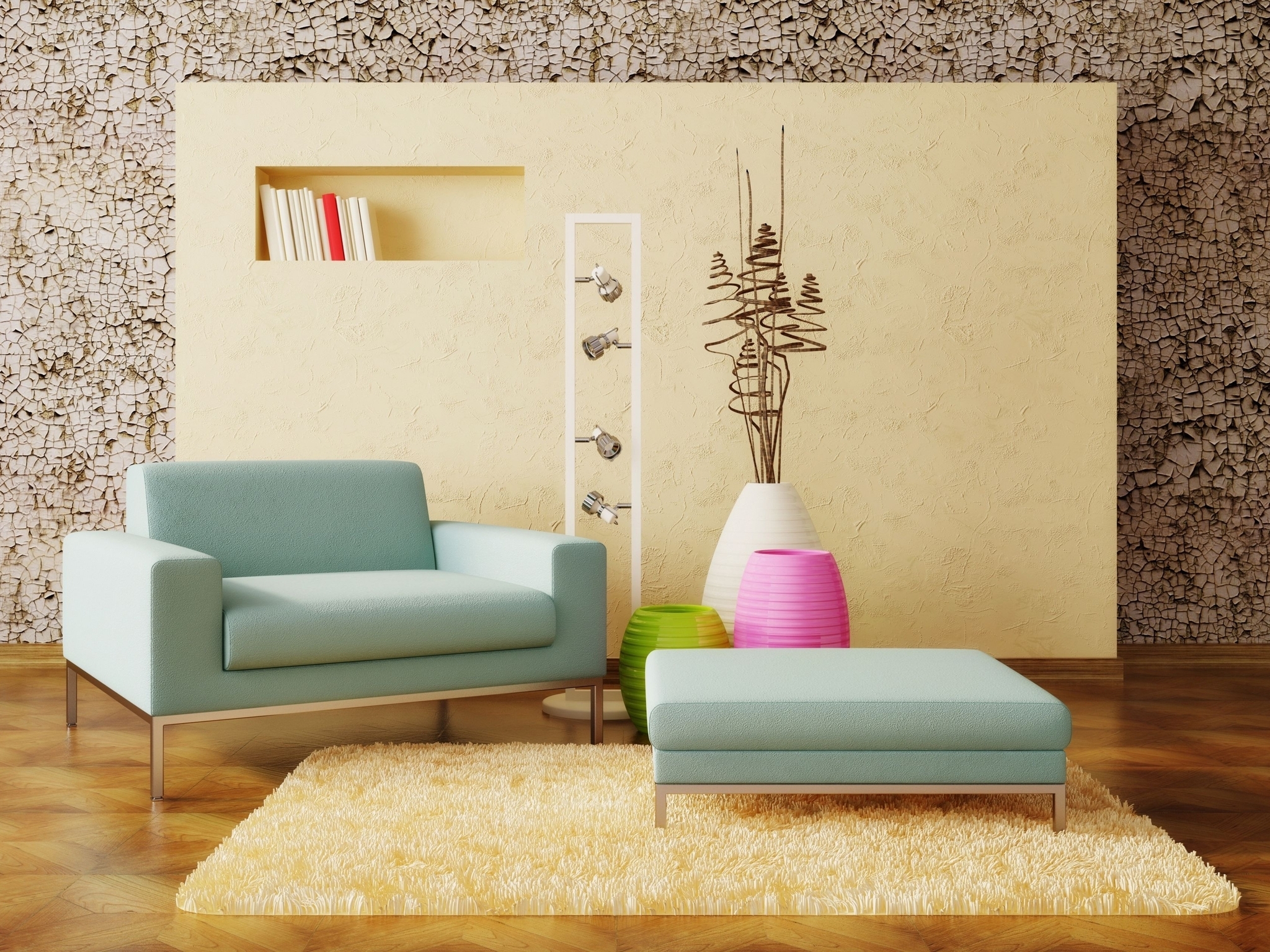 Картинка: Кресло, светильники, вазы, декор, ковёр, стены, книги