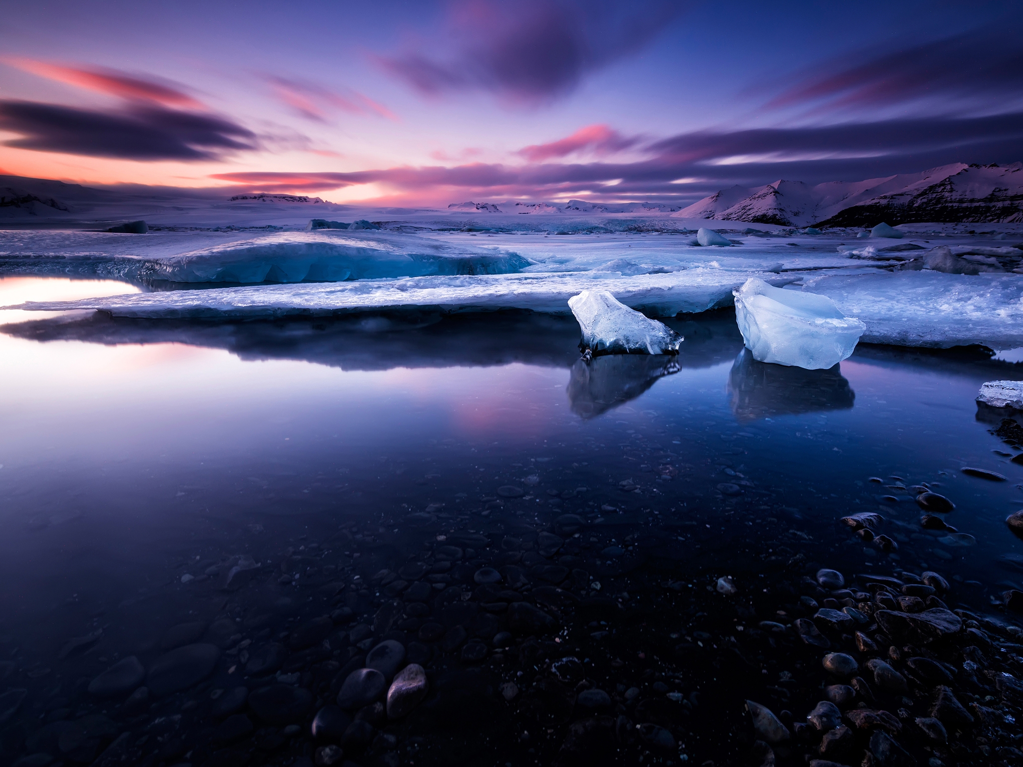 Image: Water, ice, shore, stone, mountains, sky