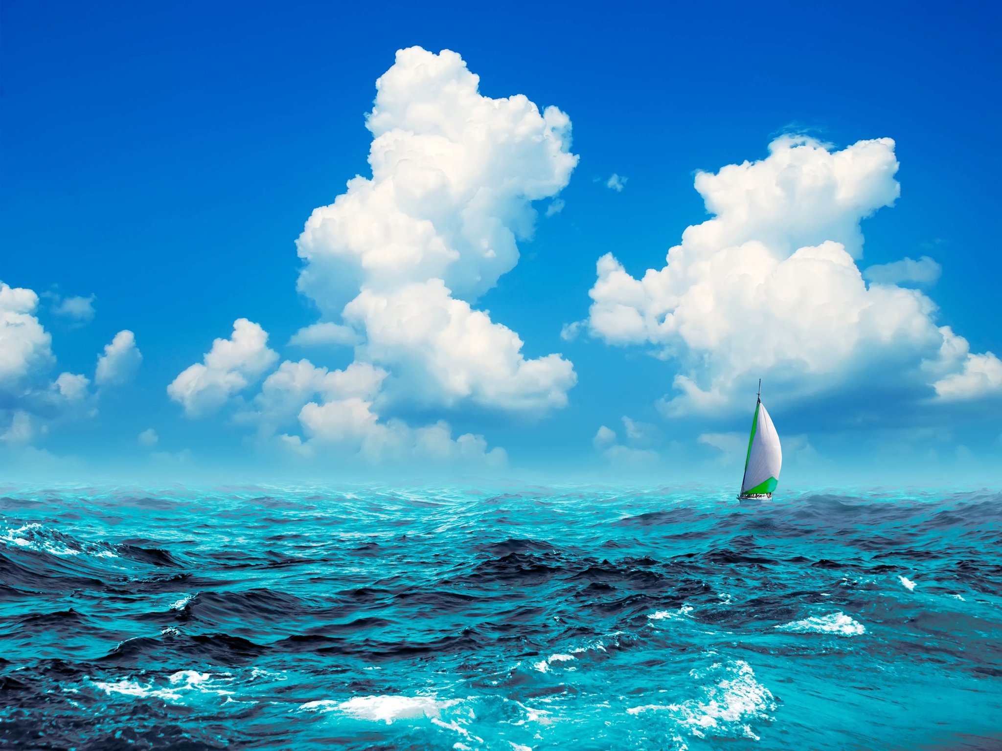 Картинка: Небо, голубое, облака, море, океан, волны, парус, лодка