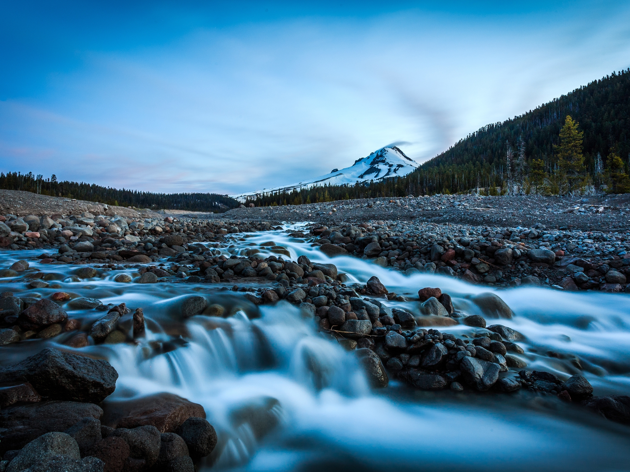 Image: Stones, water, flow, current, sky, mountains, forest