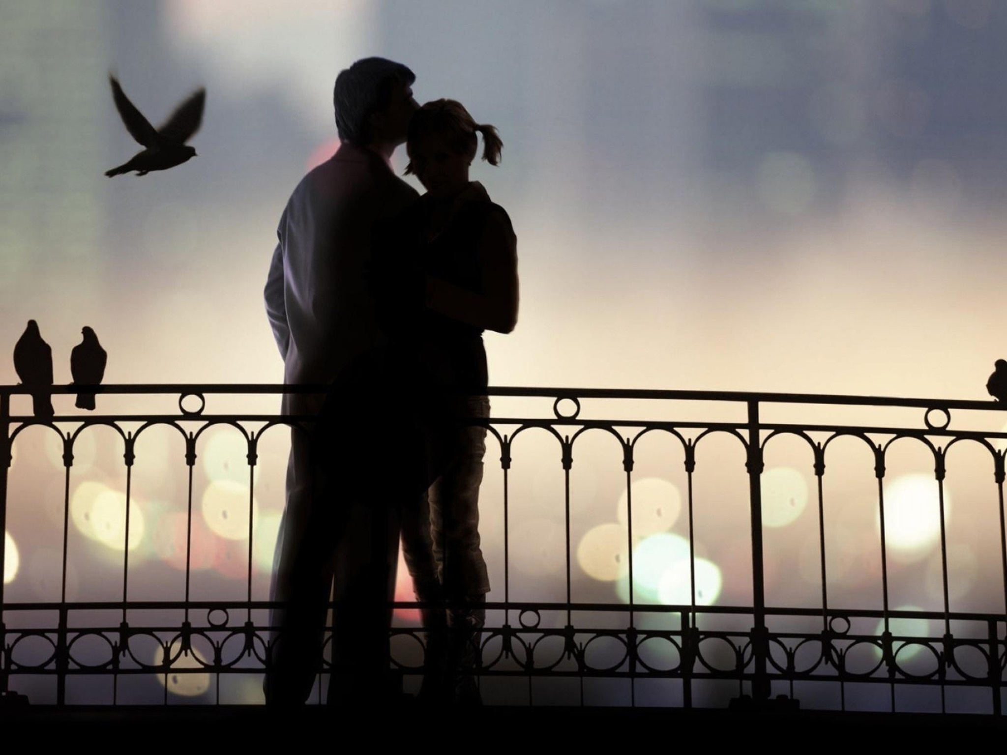 Картинка: Пара, парень, девушка, мост, свидание, романтика, ночь, голуби, блики