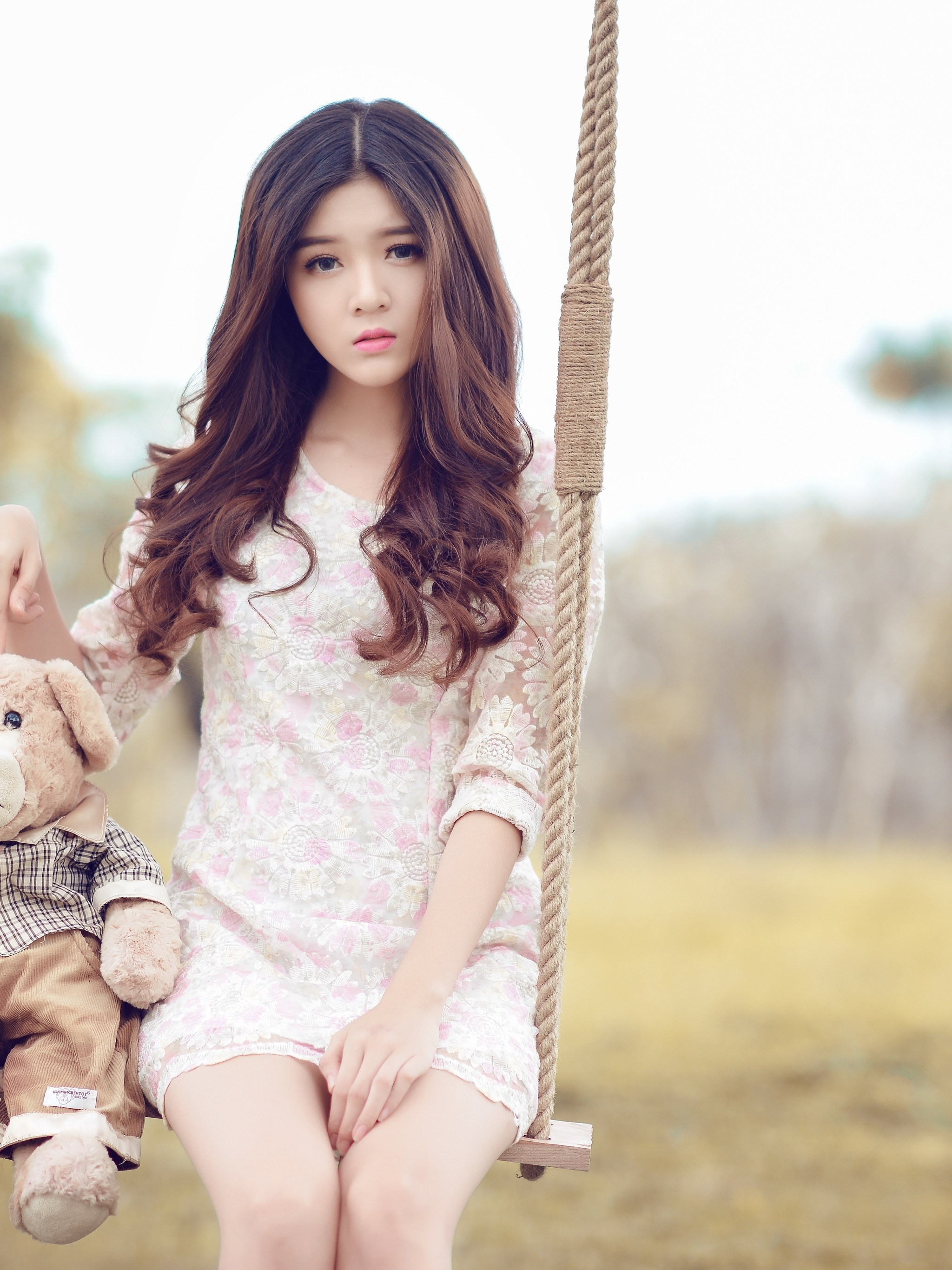 Image: Girl, asian, toy, teddy bear, swing