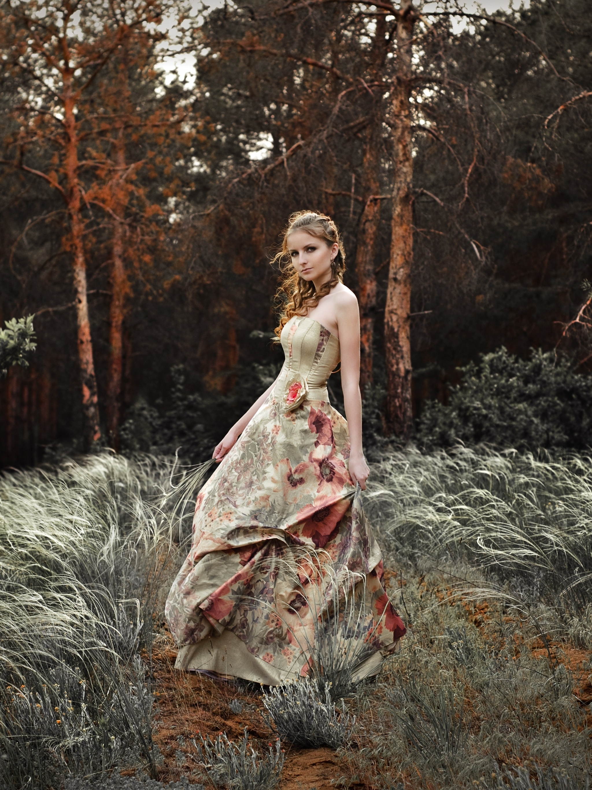 Картинка: Девушка, причёска, платье, лес, трава, деревья, сосна, природа