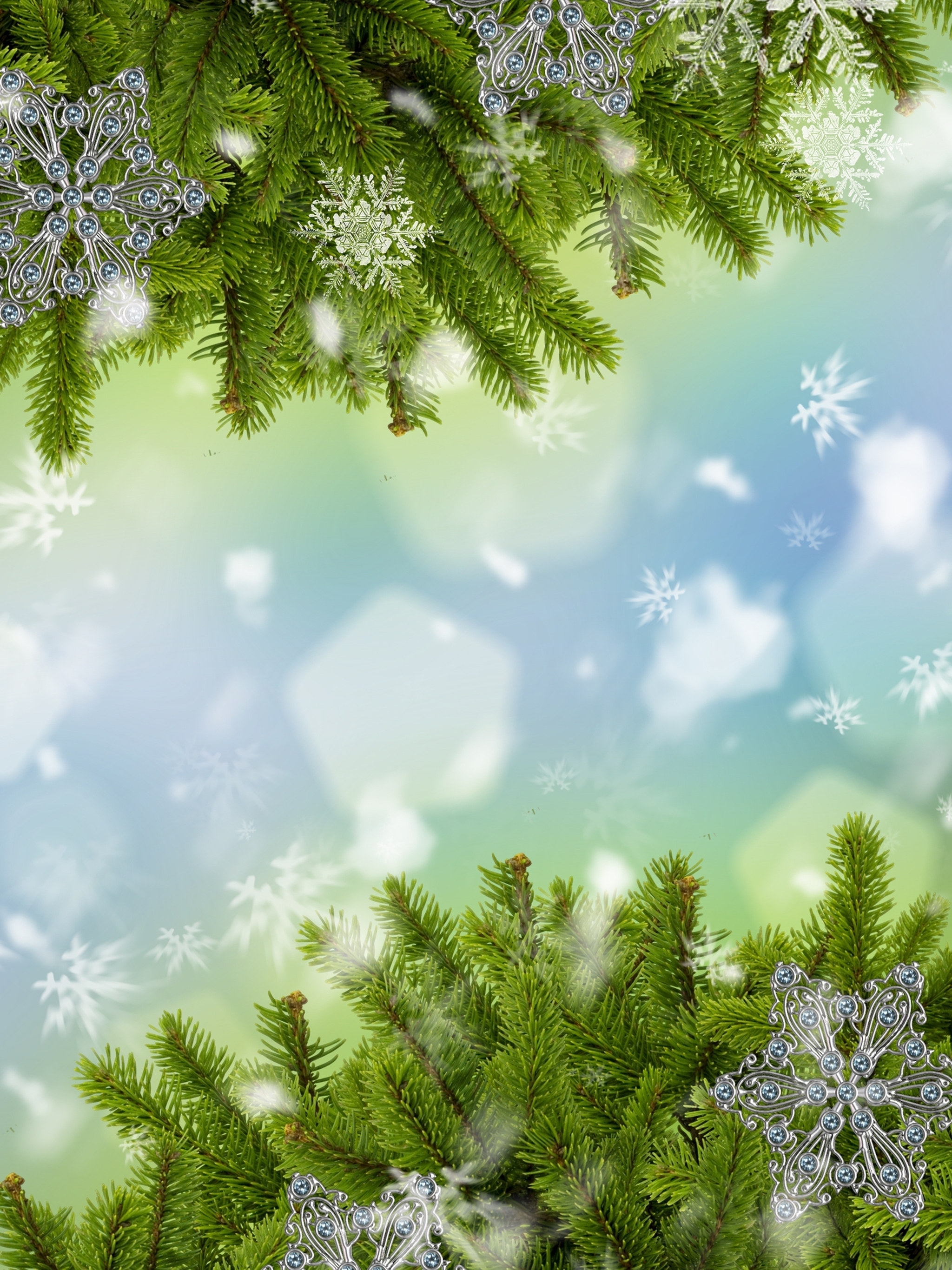 Картинка: Ель, иголки, снежинки, Новый год