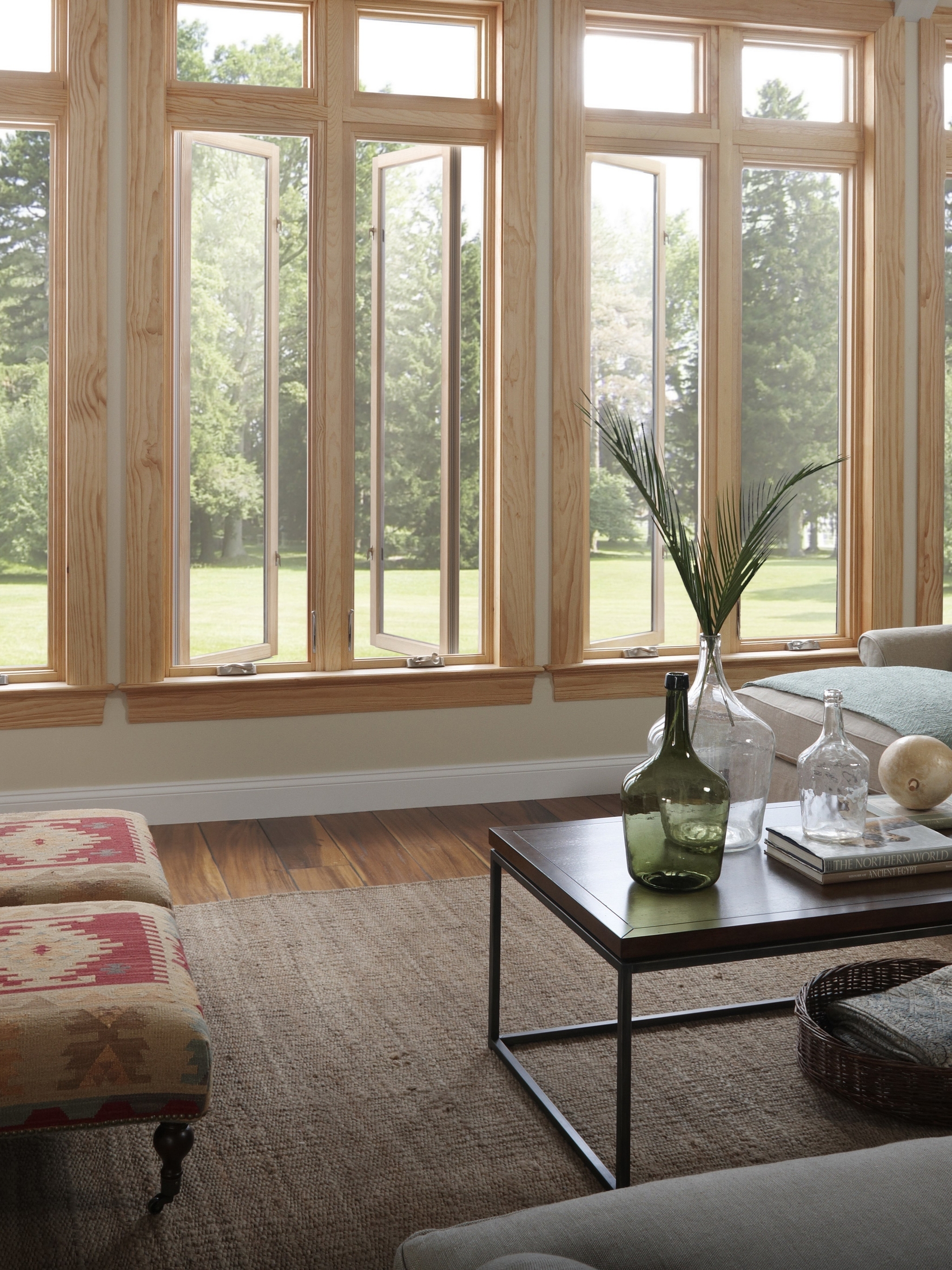 Image: Room, wooden windows, furniture, fireplace, carpet, table, design