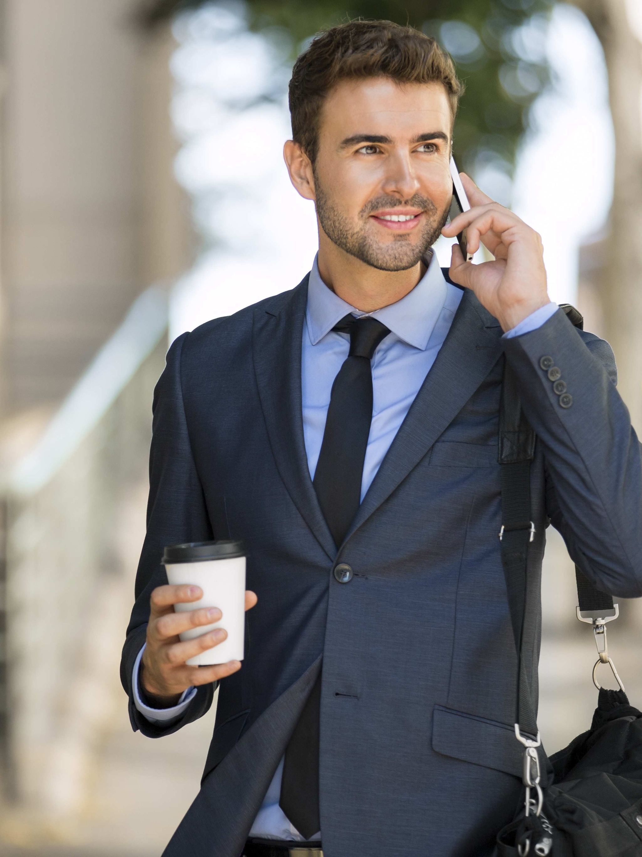 Image: Male, guy, face, smile, phone, style, suit, coat, coffee сup, street