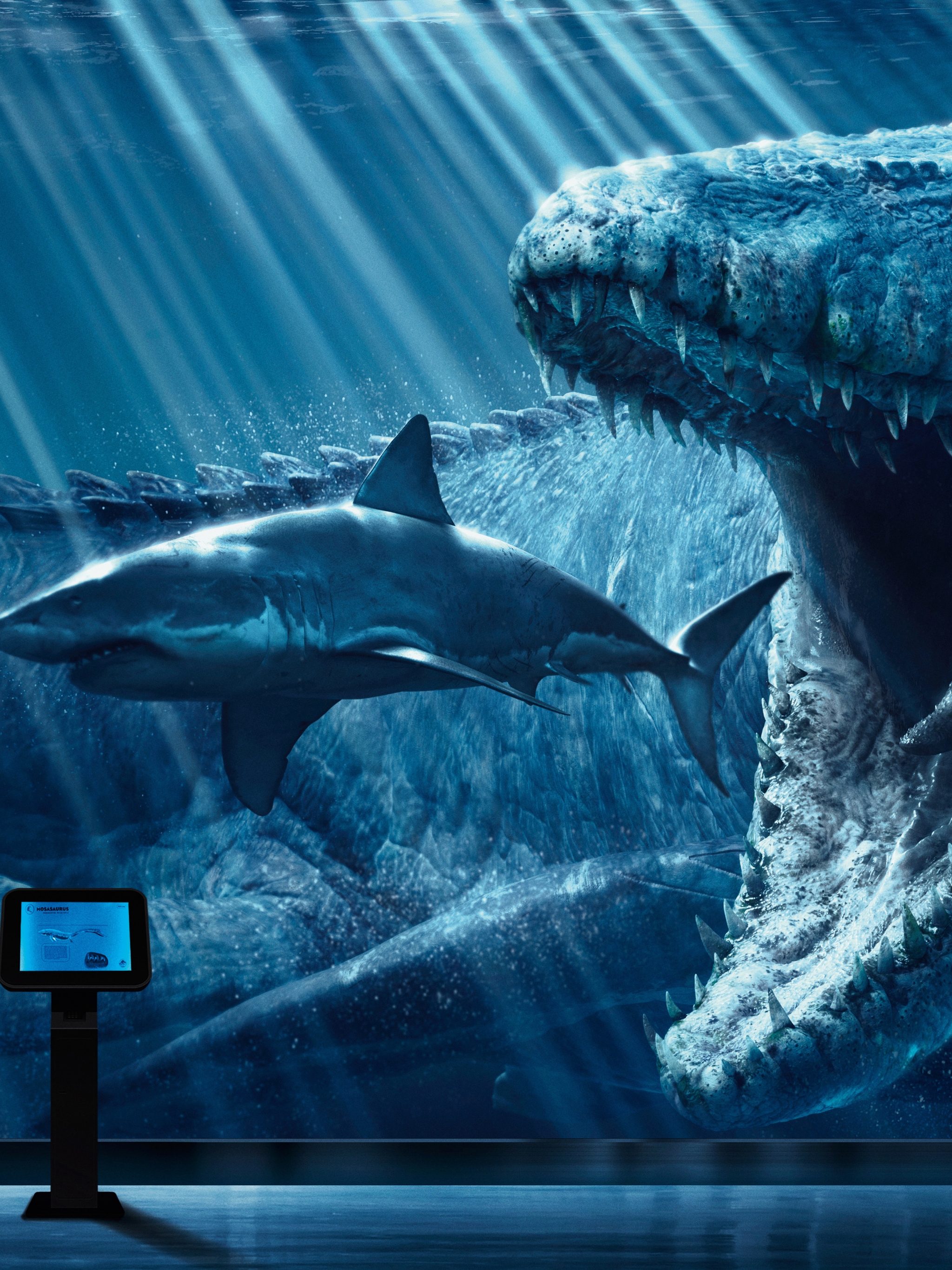Image: Aquarium, dinosaur, shark, boy, information desk, hunting, predator, Mosasaur, Jurassic World, the movie