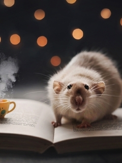 Image: Rat, book, mug, bokeh