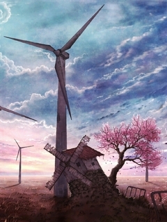Картинка: Арт, ветряная, мельница, ветрогенераторы, ветряная станция, небо, поле, дерево, сакура