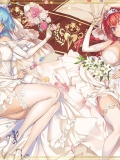 Картинка: Девушки, арт, аниме, Shinmai Maou no Testament, По велению адской сестры, невесты, лежат, цветы, шампанское, платье