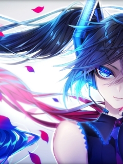Image: Girl, colored, eyes, hair, petals, Hatsune Miku, vocaloid