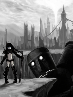 Картинка: Воин, мечница, меч, dark, робот, яма, город