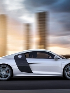 Image: Supercar, Audi, R8, V10, speed, blur, road, skyscrapers, sun, pilot