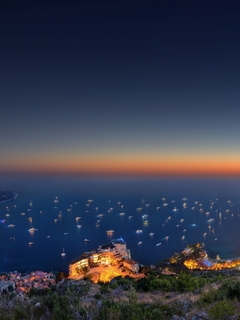 Картинка: Monaco, пейзаж, бухта, море, корабли, огни, побережье, холмы, ночь, вечер, закат