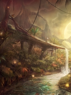 Картинка: Арт, Аватар, Пандора, водопад, ручей, светящийся шар, деревья, джунгли, насекомые, листья