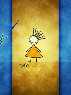 Image: Girls, haircut, scissors, skirt, blue, yellow, strip, big-eyed