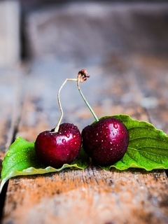 Image: Cherry, two, berries, leaves, planks, drops