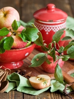 Картинка: Яблоки, витамины, листья, чашка